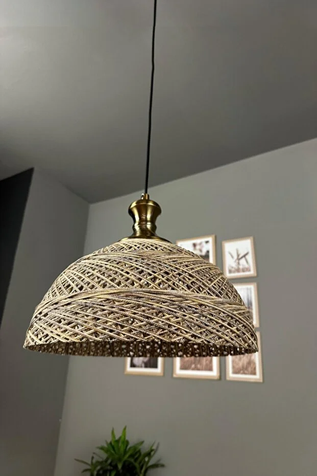 Bohem Recycle İplik Jüt El Yapımı Alaca Ekru İplik Eskitme Tokmak Başlık Tekli Avize